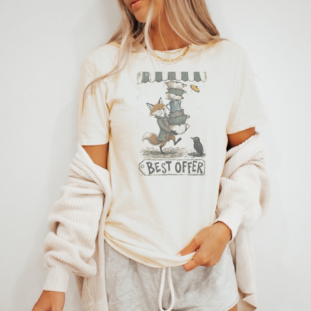Fox with Cooking Pots Graphic Tee Vintage Whimsical Art Natural - Picture 3 of 5